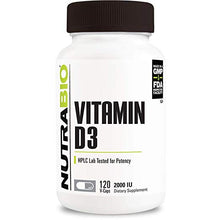 Load image into Gallery viewer, NutraBio, Vitamin D3 (5000 IU)- 90 Vegetable Capsules  by NutraBio